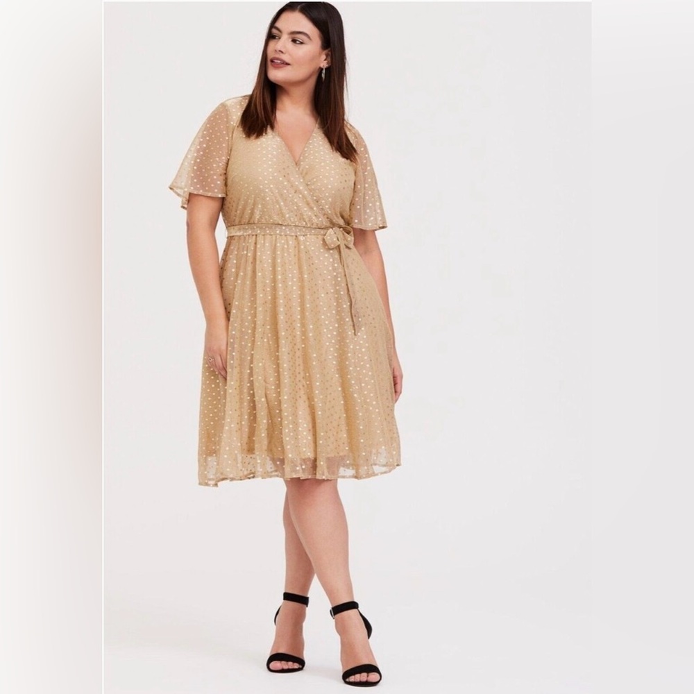 Gold Sequin Polka Dot Mesh Wrap Dress